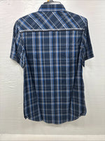 New Men’s ELY 1878 Blue Black Plaid Short Sleeve Pearl Snap Medium J-91