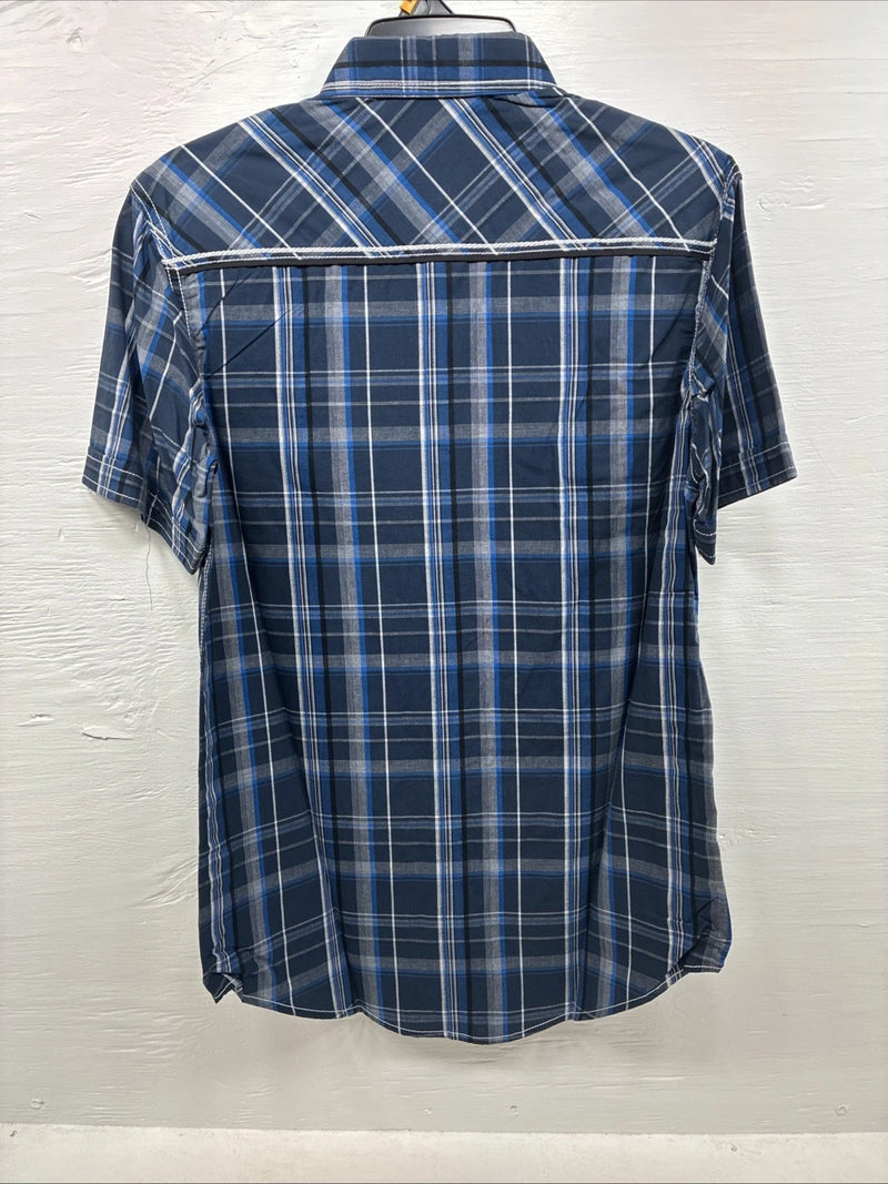 New Men’s ELY 1878 Blue Black Plaid Short Sleeve Pearl Snap Medium J-91