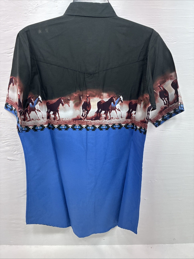 New Men’s ELY Cattleman Blue Black Horse Design Short Sleeve Pearl Snap Med J-96