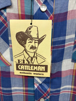 New Men’s ELY Cattleman Blue Plaid Short Sleeve Pearl Snap Medium AA-116 