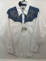 New Men’s ELY Cattleman White Blue Embroidered Long Sleeve Pearl Snap XL H-75
