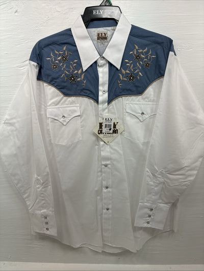 New Men’s ELY Cattleman White Blue Embroidered Long Sleeve Pearl Snap XL H-75