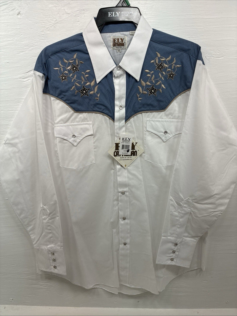 New Men’s ELY Cattleman White Blue Embroidered Long Sleeve Pearl Snap XL H-75