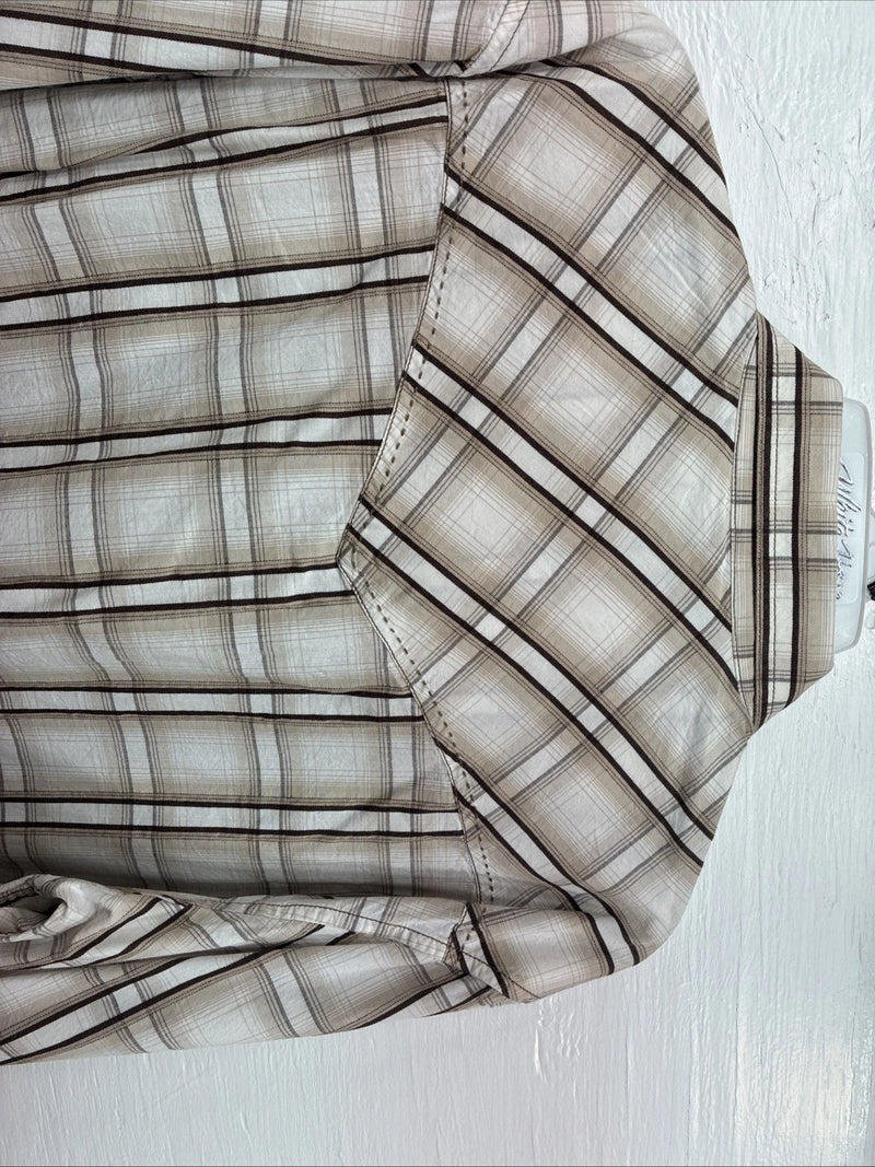 New Men’s ELY 1878 Brown White Plaid Long Sleeve Pearl Snap 2XL R-27