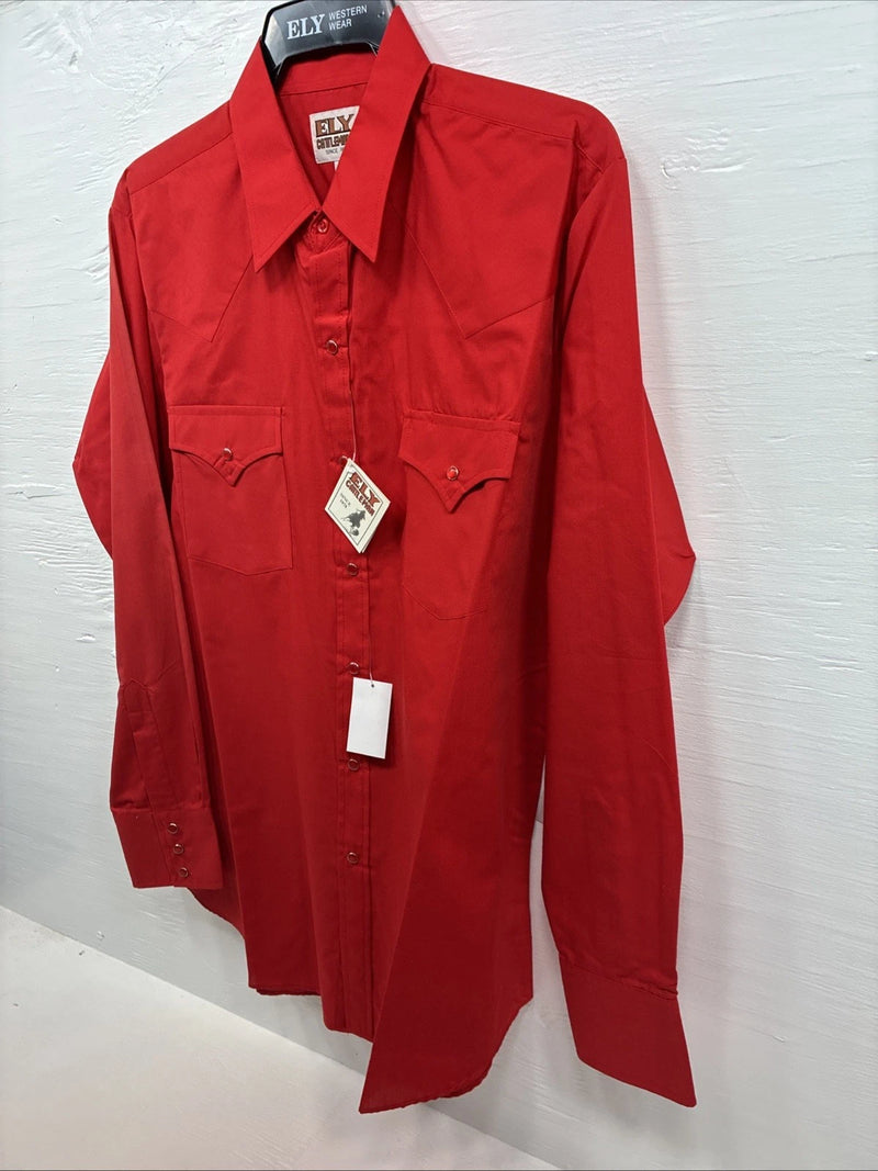 New Men’s ELY Cattleman Western Red Long Sleeve Pearl Snap 16.5 Large V-45