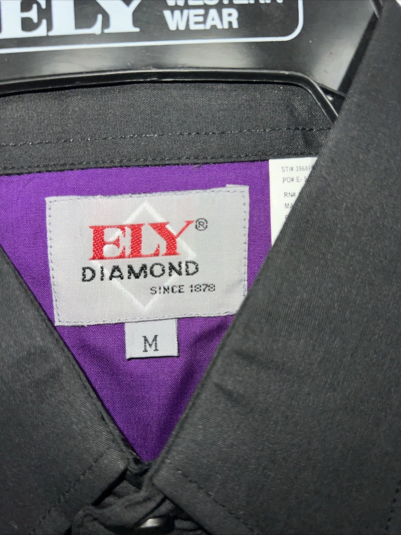 New Men’s Purple Black ELY Diamond Pearl Snap Long Sleeve Shirt Medium I-55
