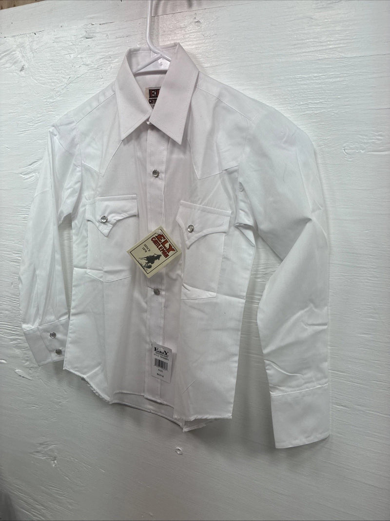 New Boys ELY Cattleman White Long Sleeve Pealr Snap Size 8 DD-49