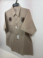 New Men’s ELY Cattleman Tan Horse Design Short Sleeve Pearl Snap Large AA-28