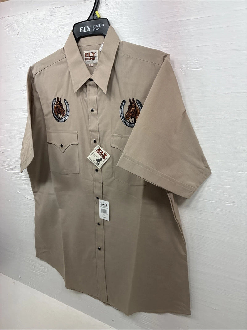 New Men’s ELY Cattleman Tan Horse Design Short Sleeve Pearl Snap Large AA-28