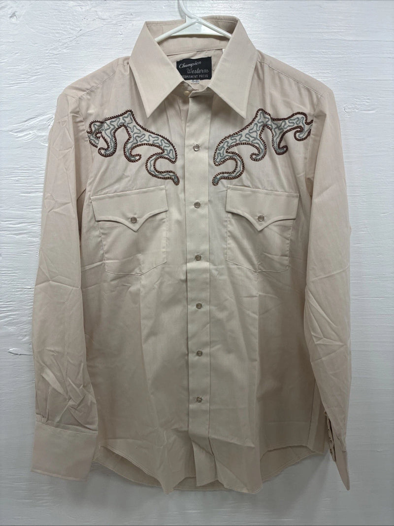 New Men’s Champion Western Tan Embroidered Long Sleeve Pearl Snap Medium T-84