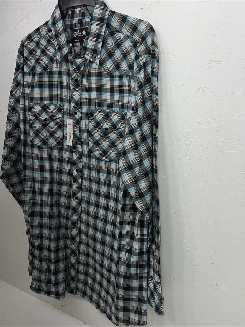 New Men’s Blue Black Plaid White House Long Sleeve Pearl Snap Shirt. Large P-46