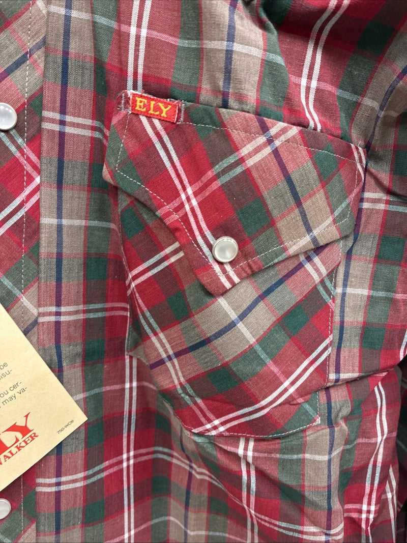 New Men’s ELY Plains Red Plaid Long Sleeve Pearl Snap 14.5 X 33 Small AA-94