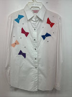 New Women’s H Bar C White Deigned Long Sleeve Pearl Snap Size 10 KK-32