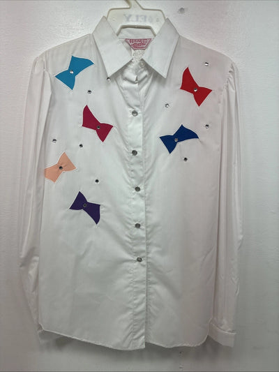 New Women’s H Bar C White Deigned Long Sleeve Pearl Snap Size 10 KK-32