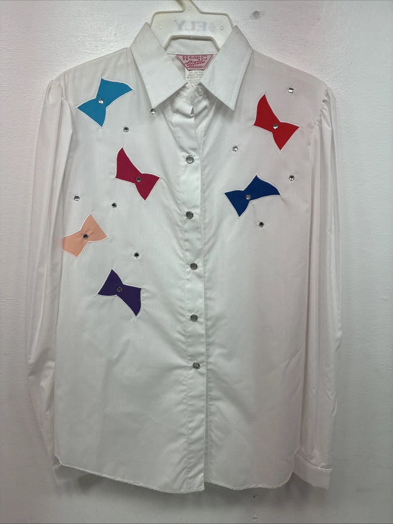 New Women’s H Bar C White Deigned Long Sleeve Pearl Snap Size 10 KK-32