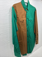 New Men’s Cowboy Threads Green Brown Long Sleeve Button Up Shirt Medium K-61