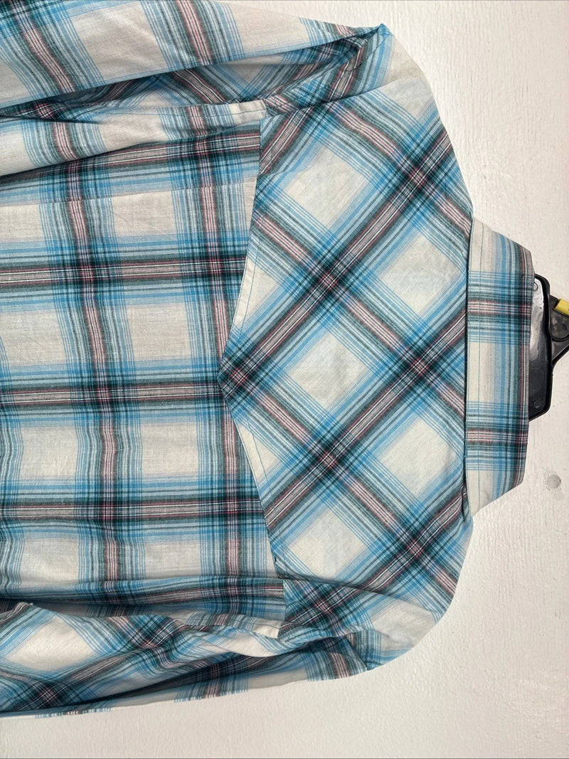 New Women’s Cumberland Blue Plaid Long Sleeve Pearl Snap Large GG-78