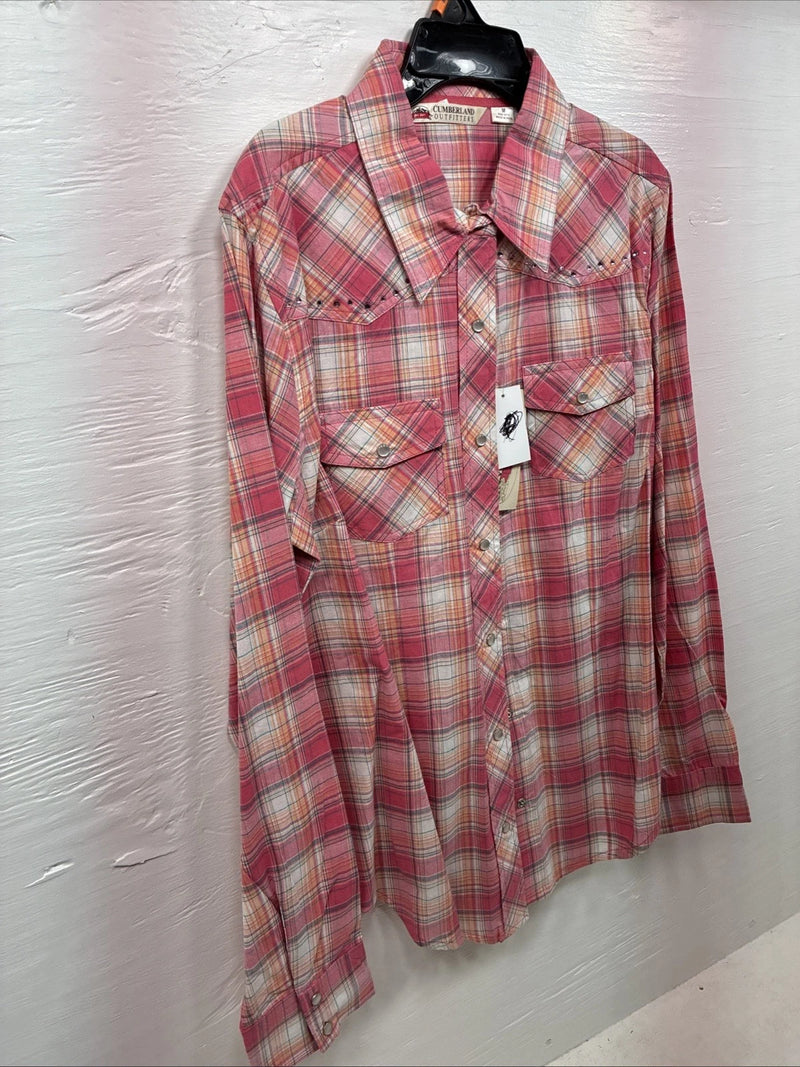 New Women’s Cumberland Pink Plaid Long Sleeve Pearl Snap Medium DD-26