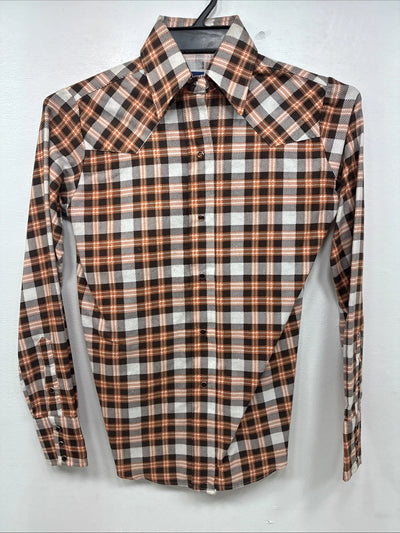 New Women’s Panhandle Slim Orange Plaid Long Sleeve Pearl Snap Size 30 KK-56