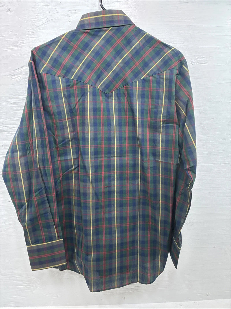 New Men’s ELY Plains Green Multicolor Plaid Long Sleeve Pearl Snap Medium M-63