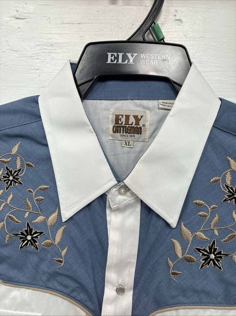 New Men’s ELY Cattleman White Blue Embroidered Long Sleeve Pearl Snap XL H-75