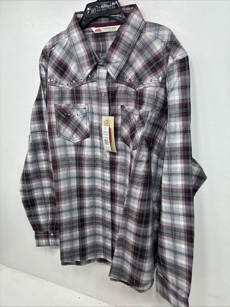 New Women’s Cumberland Purple Plaid Long Sleeve Pearl Snap 2XL KK-78