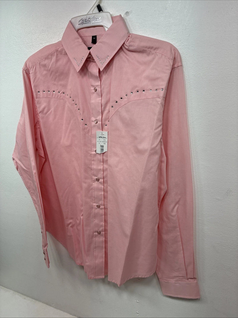 New Women’s White Horse Pink Gem Long Sleeve Pearl Snap Medium LL-60