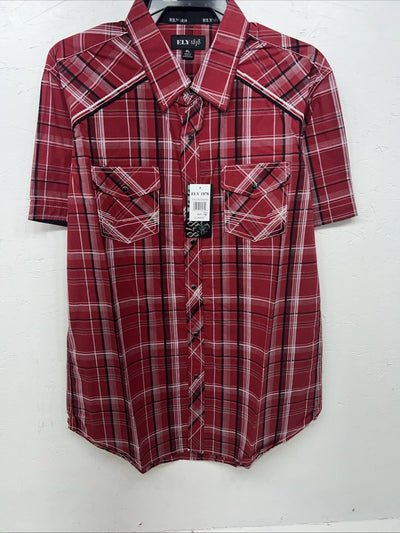 New Men’s Red ELY 1878 Short Sleeve Pearl Snap Shirt. XL S-24
