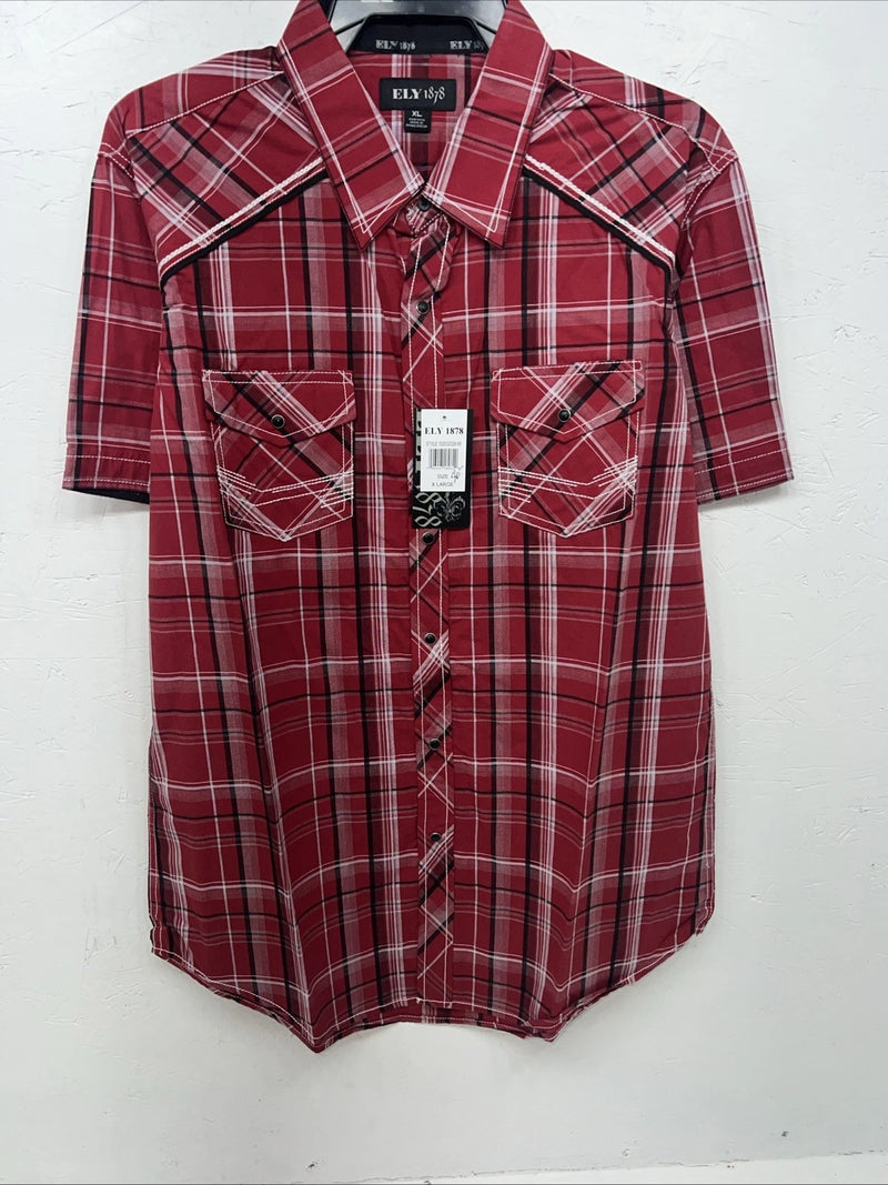 New Men’s Red ELY 1878 Short Sleeve Pearl Snap Shirt. XL S-24