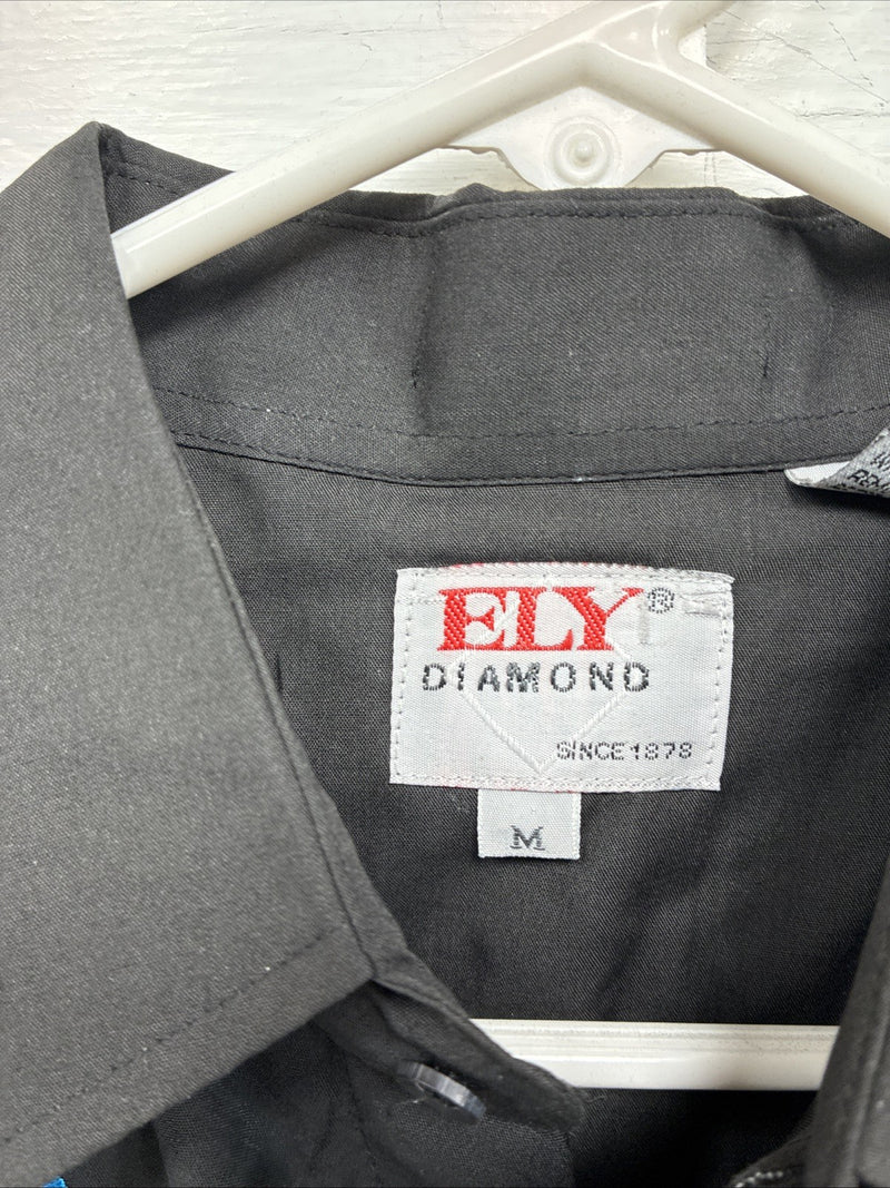 New Men’s ELY Diamond Black Blue Rose Design Long Sleeve Pearl Snap Medium K-35