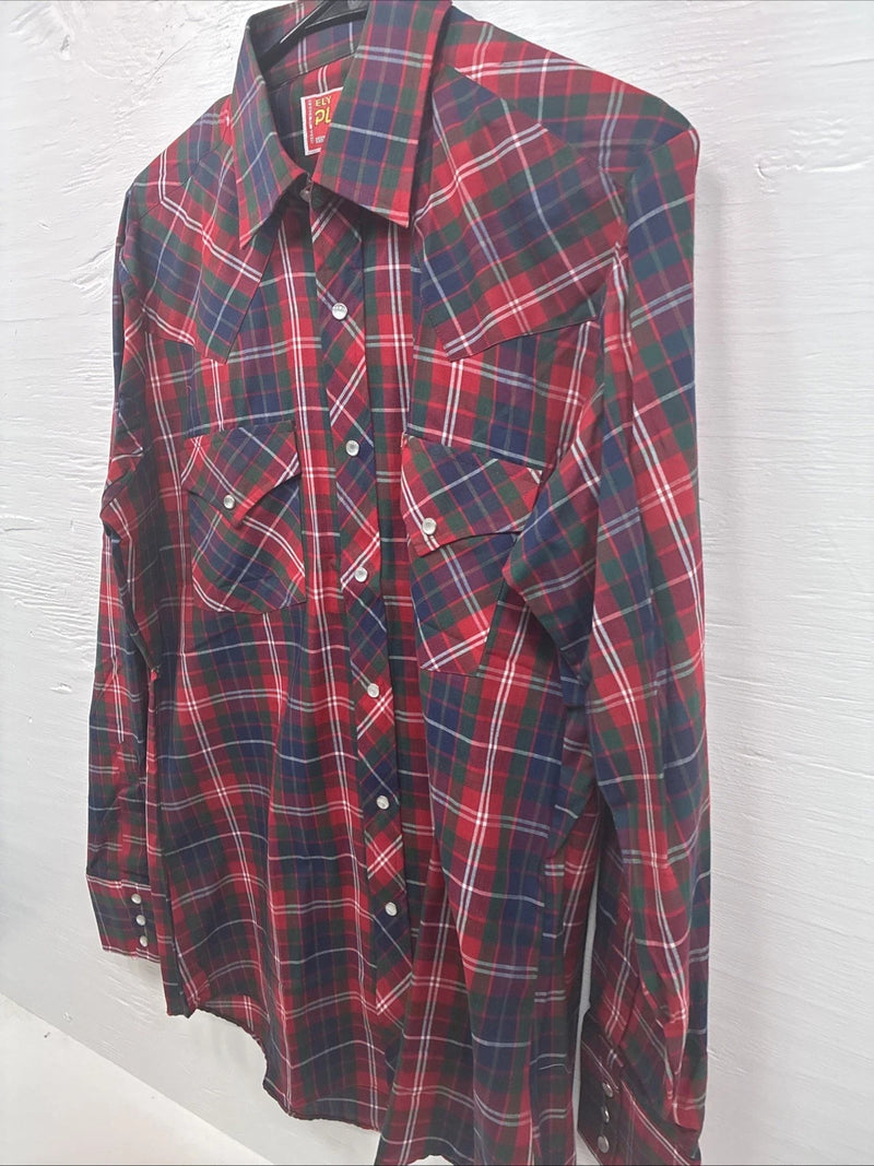 New Men’s ELY Plains Red Plaid Long Sleeve Pearl Snap 15.5 Medium T-80 