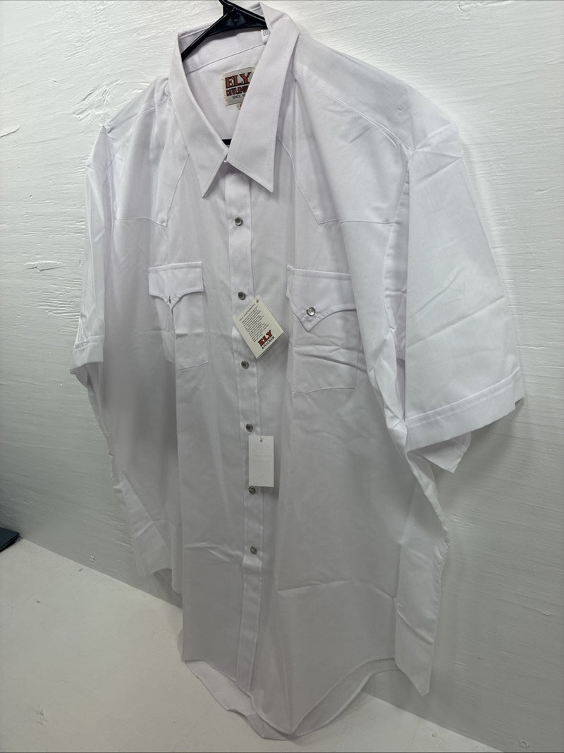 New Men’s ELY Cattleman White Short Sleeve Pearl Snap 18 2XL F-57
