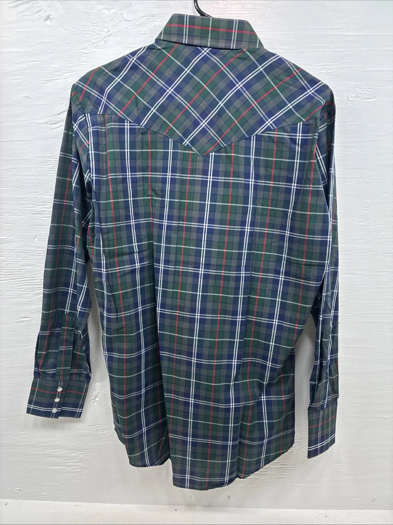 New Men’s ELY Plains Green Blue Plaid long Sleeve Pearl Snap 15.5 Medium T-67