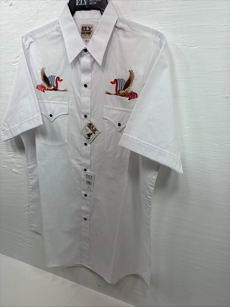 New Men’s ELY Cattleman White Eagle Designed Long Sleeve Pearl Snap Large T-64