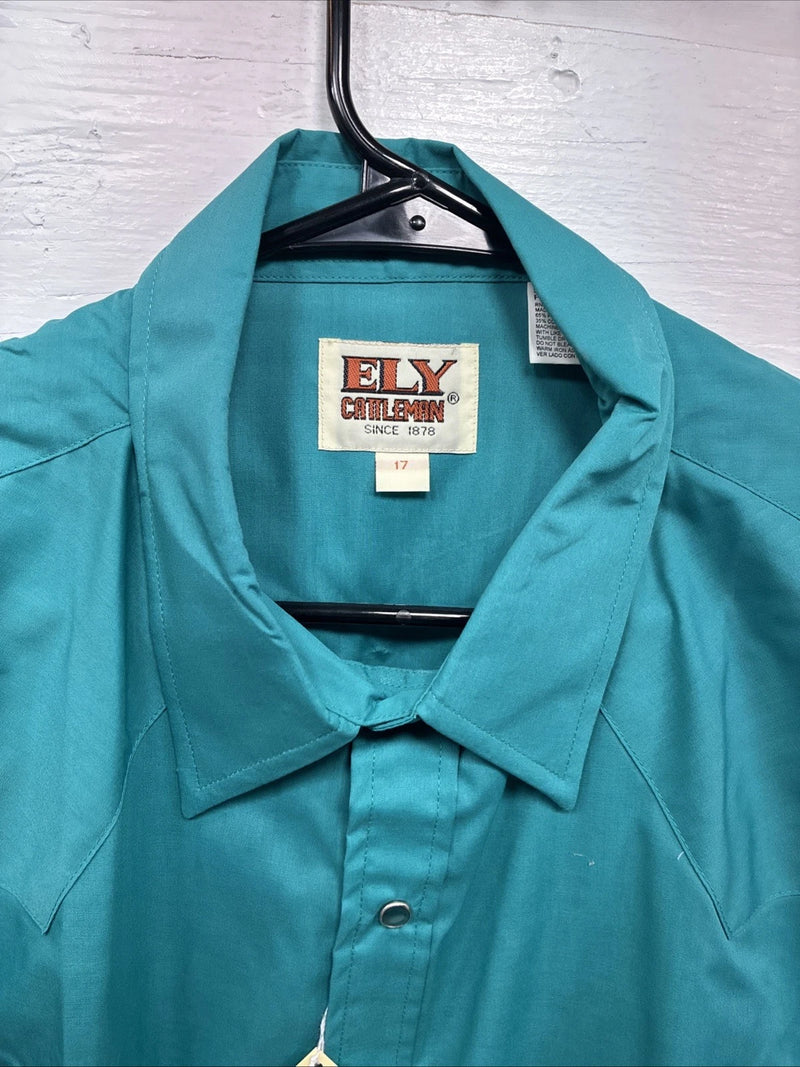 New Men’s ELY Cattleman Teal Short Sleeve Pearl Snap Shirt 17 XL X-107