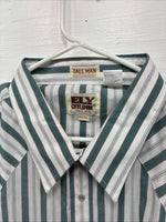 New Men’s ELY Cattleman Blue White Stripe Short Sleeve Pearl Snap 3XL E-41