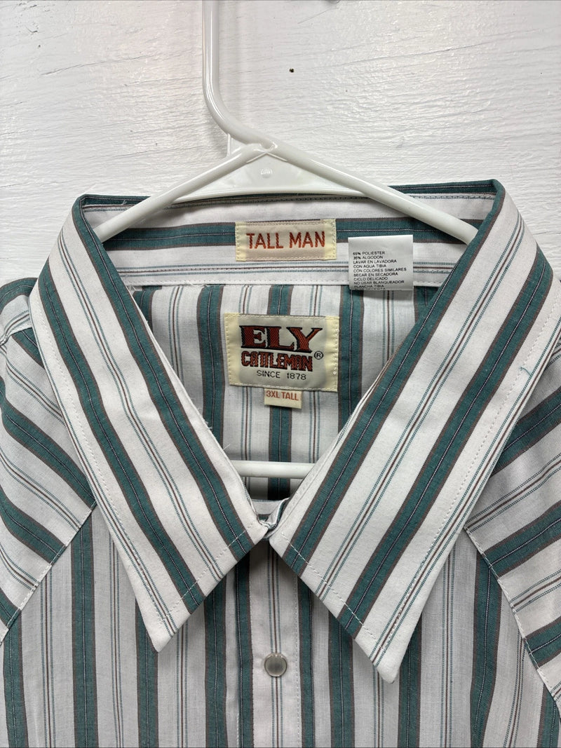New Men’s ELY Cattleman Blue White Stripe Short Sleeve Pearl Snap 3XL E-41