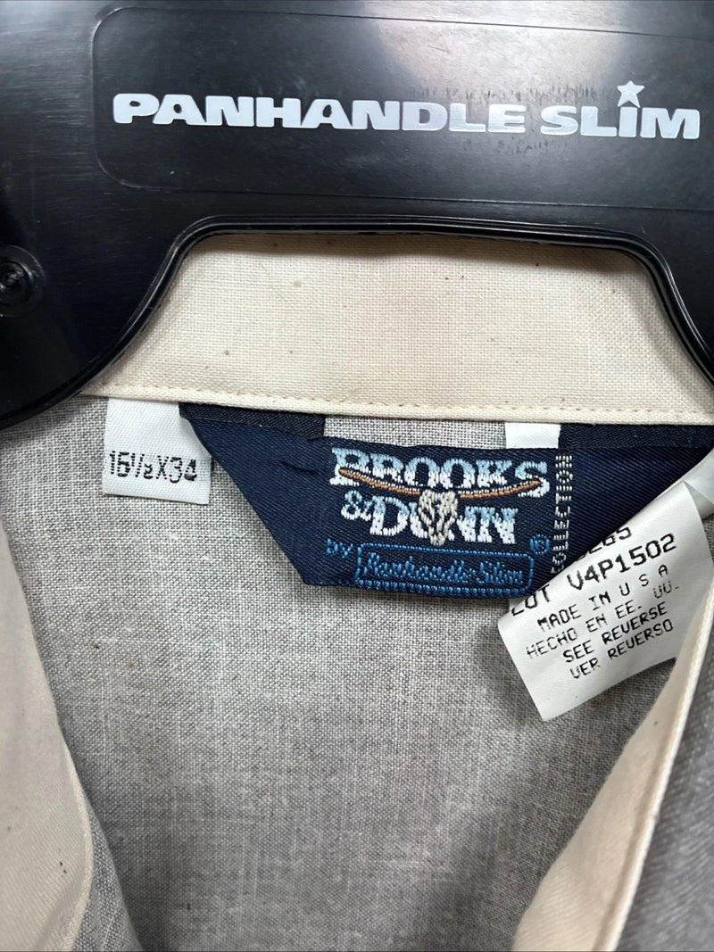 New Men’s Brooks & Dunn Tan Gray Design Long Sleeve Pearl Snap 16.5 Large V-25
