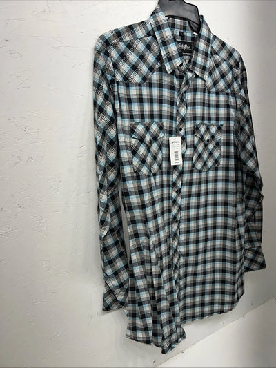 New Men’s Blue Black Plaid White House Long Sleeve Pearl Snap Shirt. Large P-46