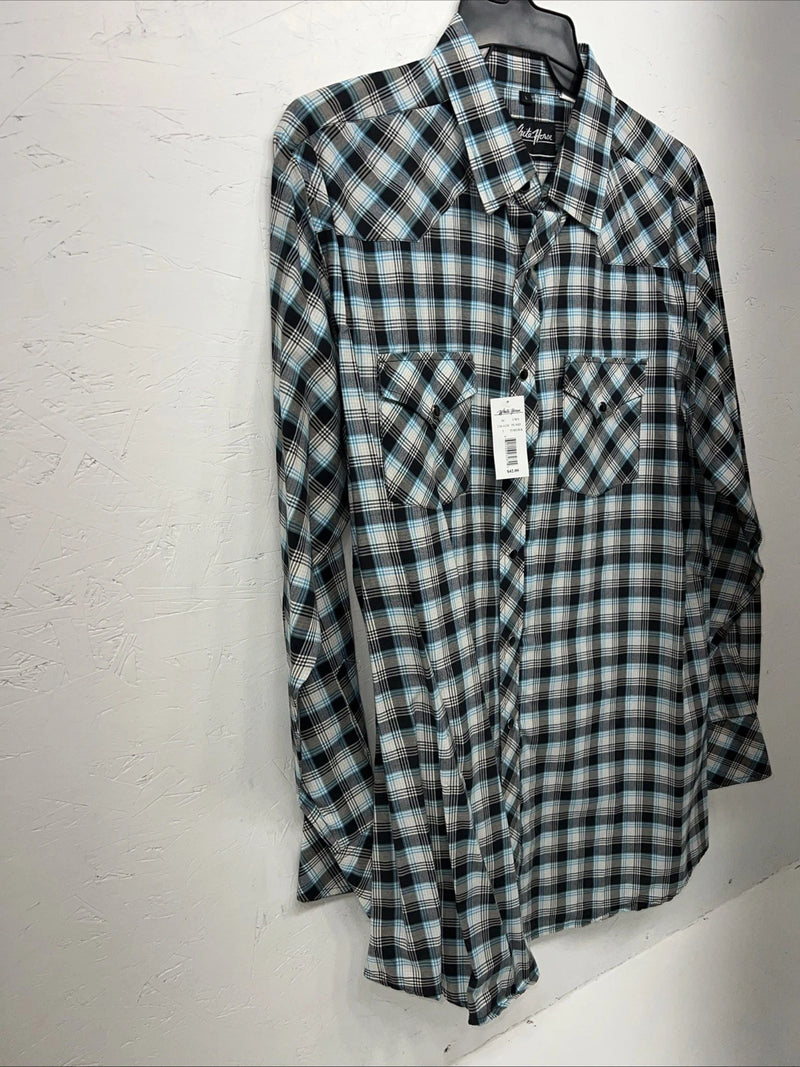 New Men’s Blue Black Plaid White House Long Sleeve Pearl Snap Shirt. Large P-46