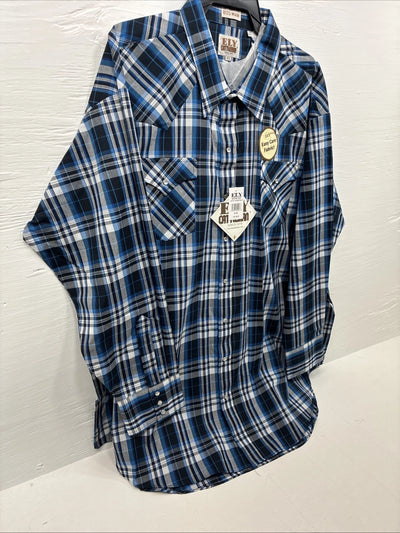 New Men’s ELY Cattleman Blue Flannel Long Sleeve Pearl Snap 4XL E-89