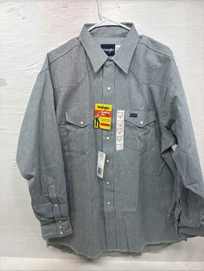 New Men’s Wrangler Blue White Stripe Long Sleeve Pearl Snap 17.5 XL T-36