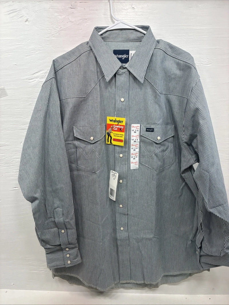 New Men’s Wrangler Blue White Stripe Long Sleeve Pearl Snap 17.5 XL T-36