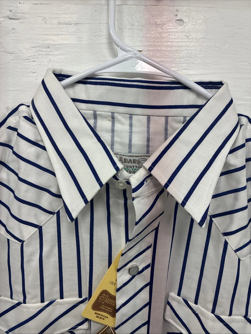 New Men’s H Bar C White Blue Stripe Long Sleeve Pearl Snap 16.5 X 34 Large Q-103