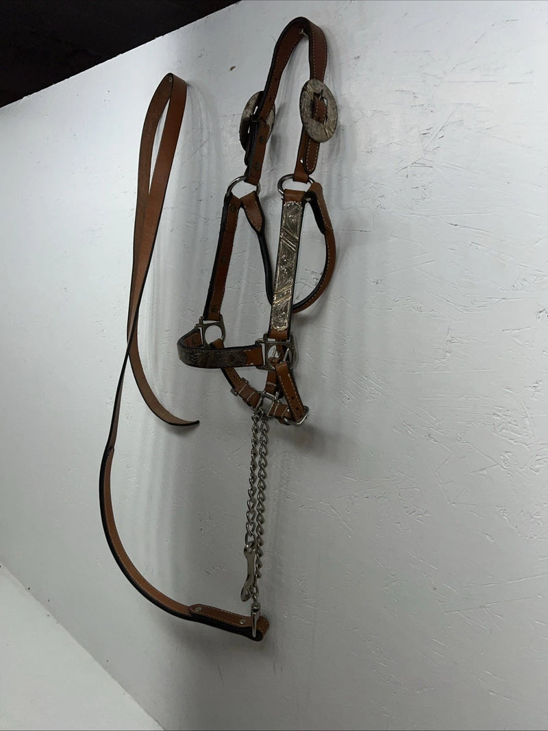 New Light Oil Genuine Leather Show Halter With Lead Rope Silver Accents W-22