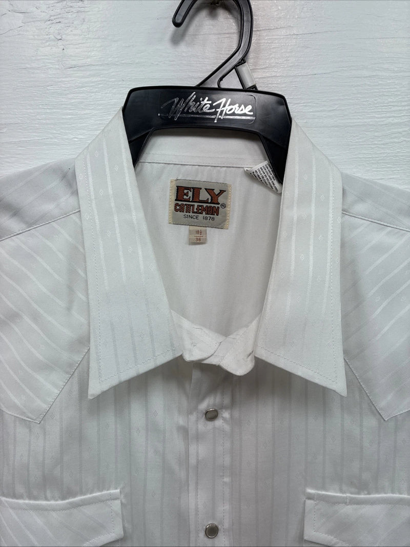 New Men’s ELY Cattleman White Long Sleeve Stripe Pearl Snap 18.5 X 36 2XL F-80