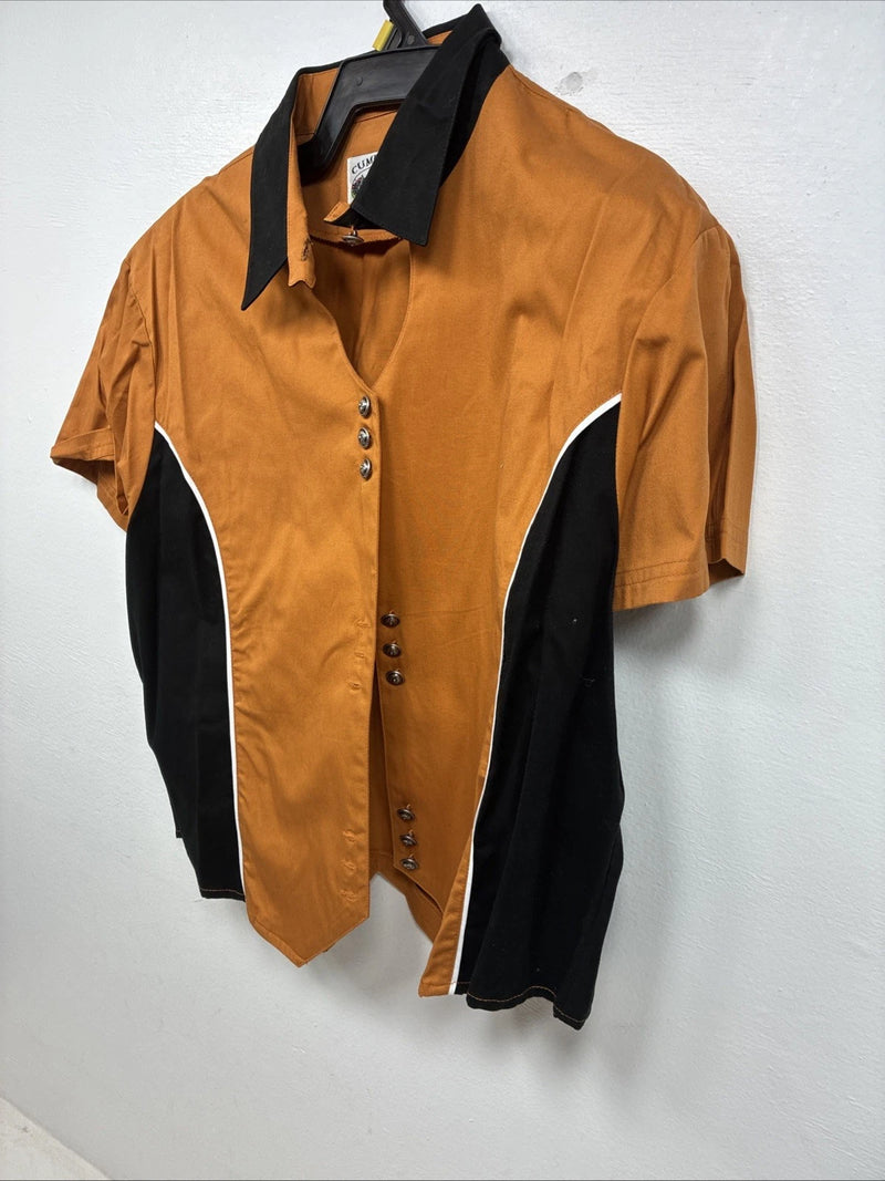 New Women’s Cumberland Orange Black Short Sleeve Button Up Large TT-68