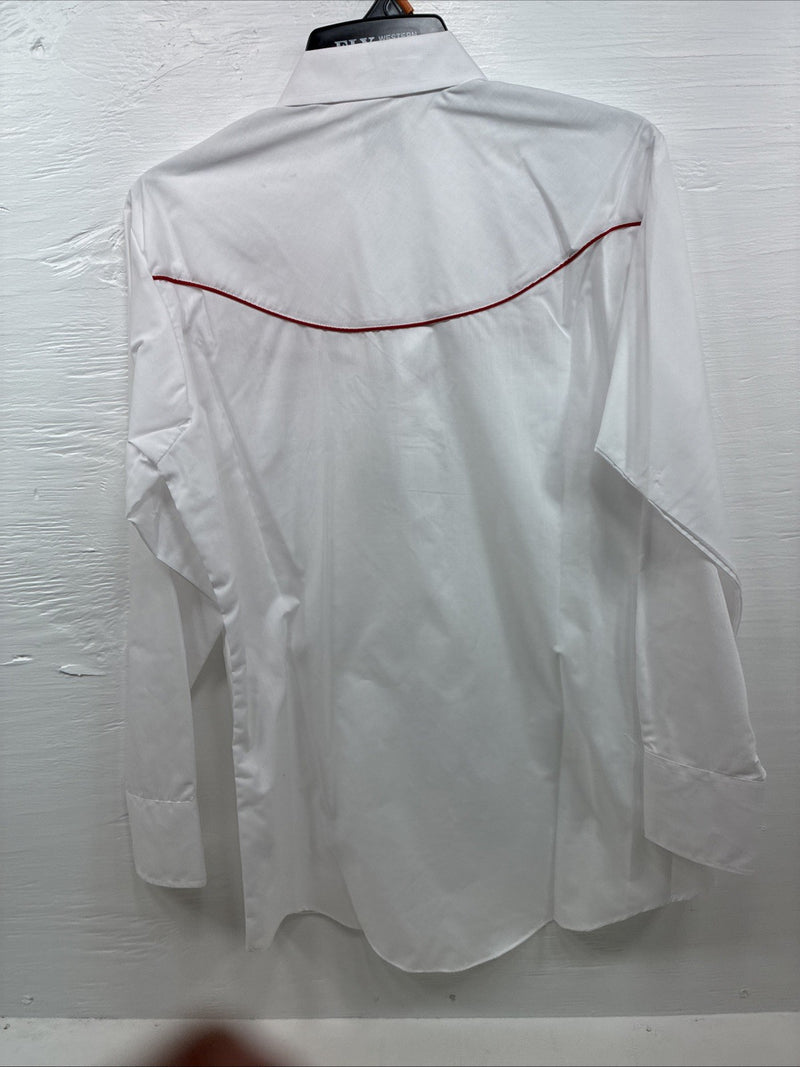 New Men’s ELY Cattleman White Red Rose Design Long Sleeve Pearl Snap Medium K-60