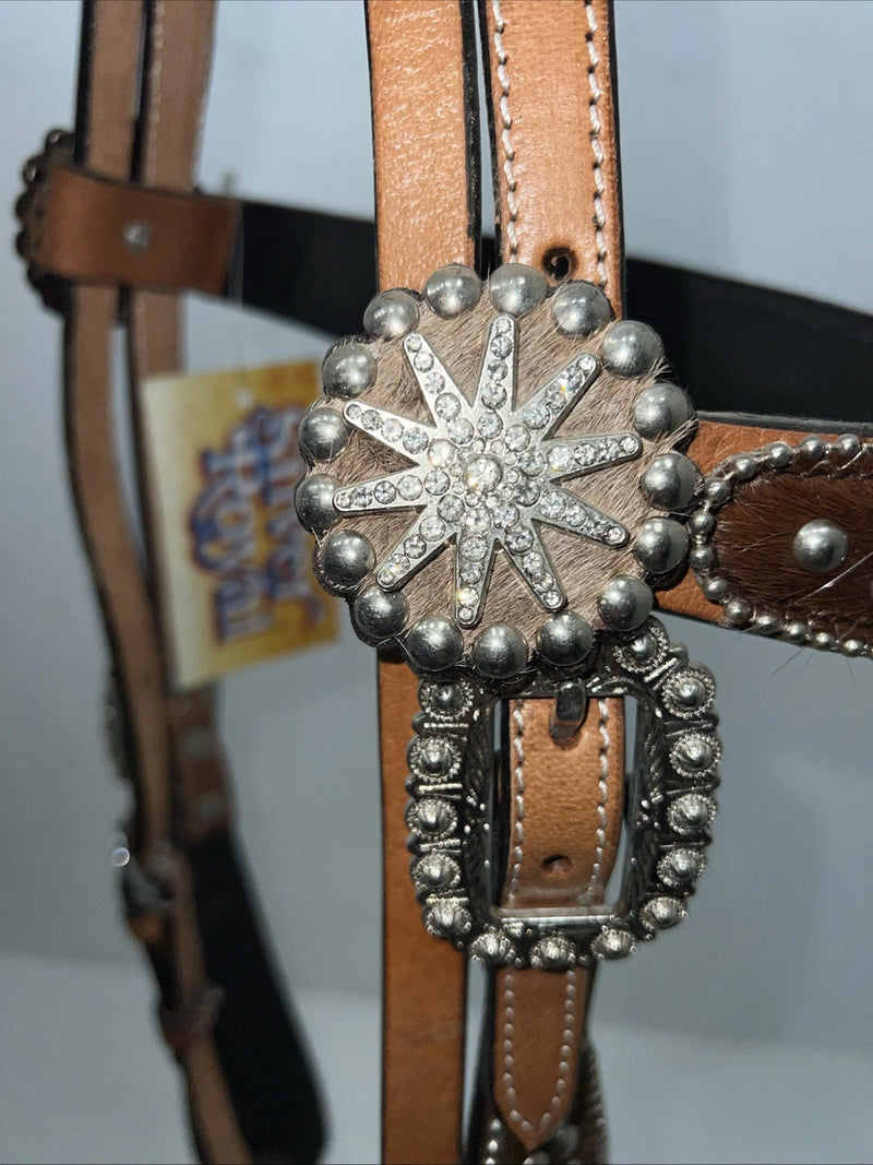 New Leather Silver Royal Beaded Diamond Browband Headstall W Split Reins U-35