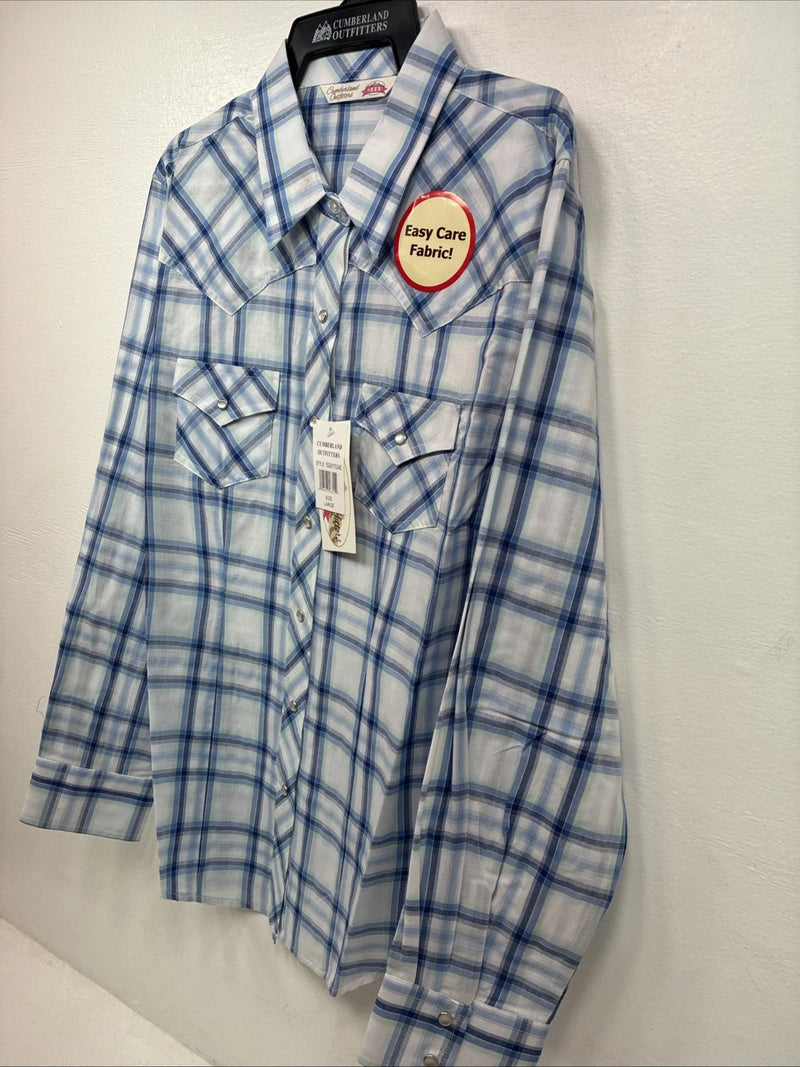 New Women’s Cumberland Blue Plaid Long Sleeve Pearl Snap Large GG-84